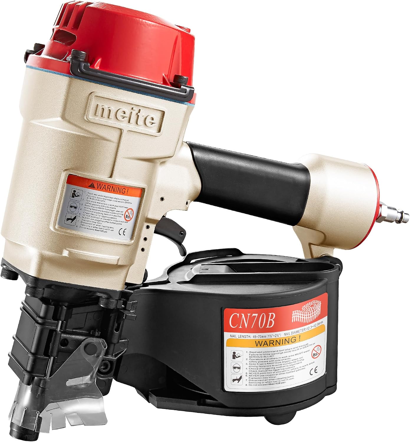 meite CN70B Pneumatic Coil Nailer 15/16 Degree 1-3/4 Inch to 2-3/4 Inch Air Nail Gun, Coil Nail Magazine 300PCS, Heavy Duty Pallet Framing Coil Nailer for Siding Sheathing Wooding Fencing Decking