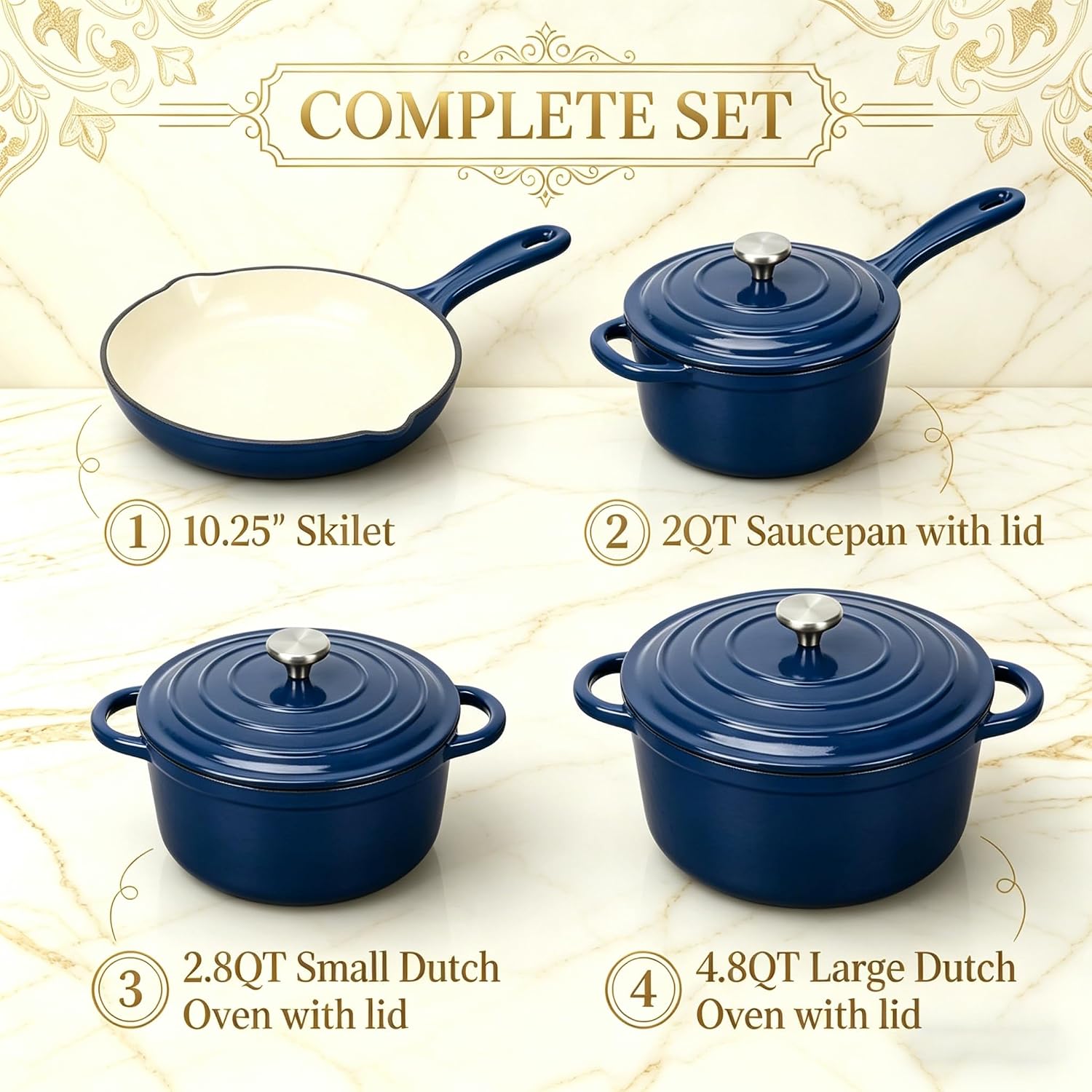 QuliMetal Enameled Cast Iron Cookware Set, 4-Piece Pots and Pans Set with Lids, 10.25' Skillet, 2QT Saucepan, 2.8QT & 4.8QT Dutch Ovens, Oven Safe to 500°F, All Stovetops Compatible - Navy Blue