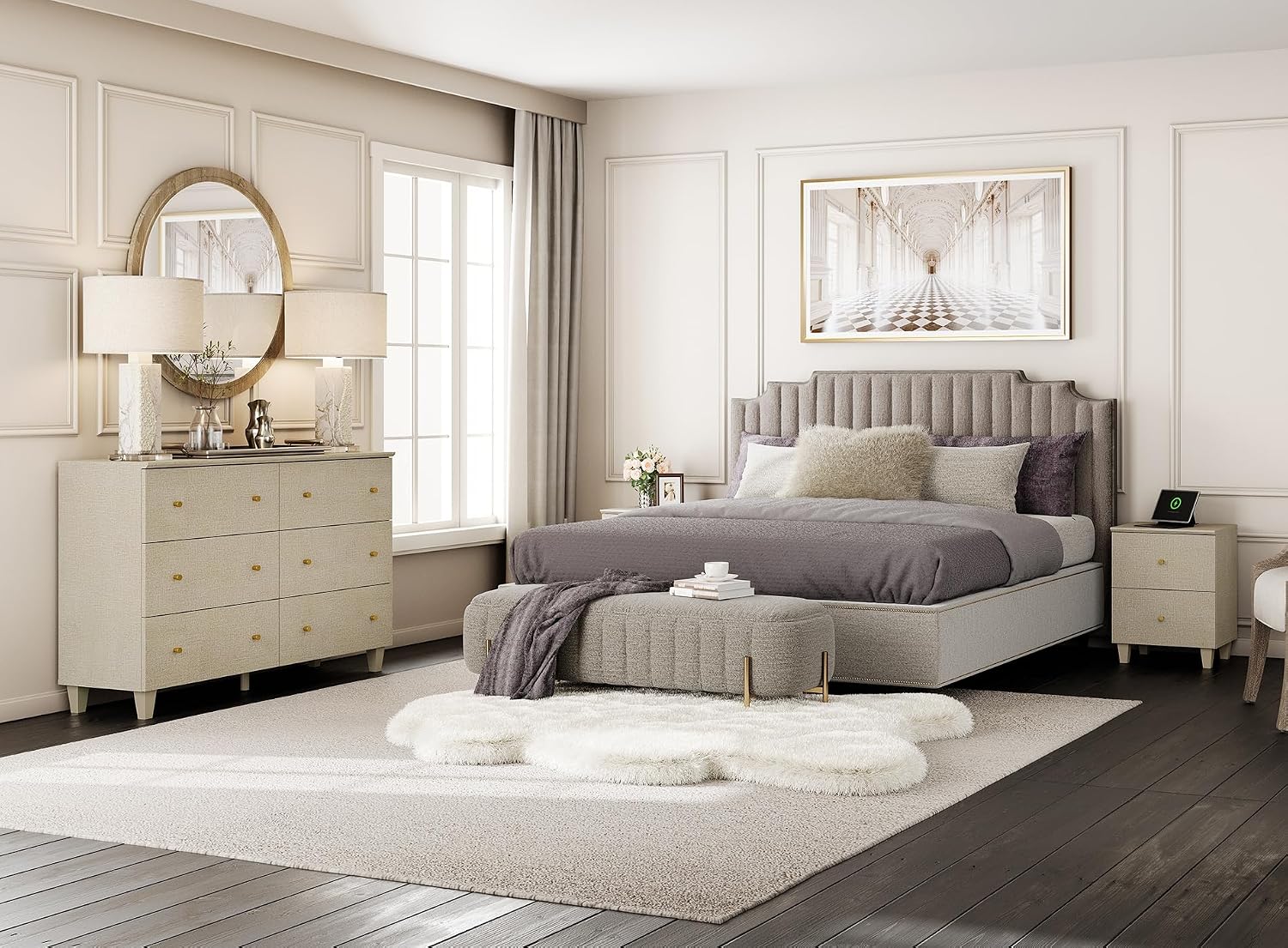 WAMPAT Dresser and Nightstands 3 Pieces, Wooden Dresser with 6 Drawers, Set of 2 Night Stands with Charging Stations, Bedroom Chest of Drawers and Wood Bedside Tables Set, Beige Linen Textured