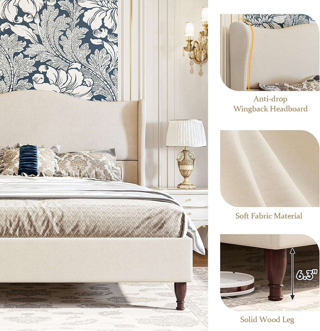 koorlian Full Size Bed Frame Upholstered Platform Bed with 51' Tall Headboard Wingback, Soft Fabric, Retro Simple Style Platform Bed No Box Spring Needed, Easy Assembly, Beige