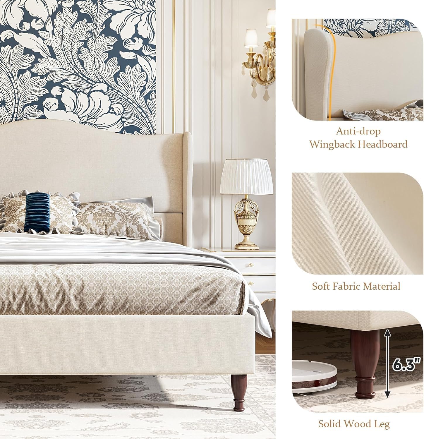 koorlian King Size Bed Frame Upholstered Platform Bed with 51' Tall Headboard Wingback, Soft Fabric, Retro Simple Style Platform Bed No Box Spring Needed, Easy Assembly, Beige