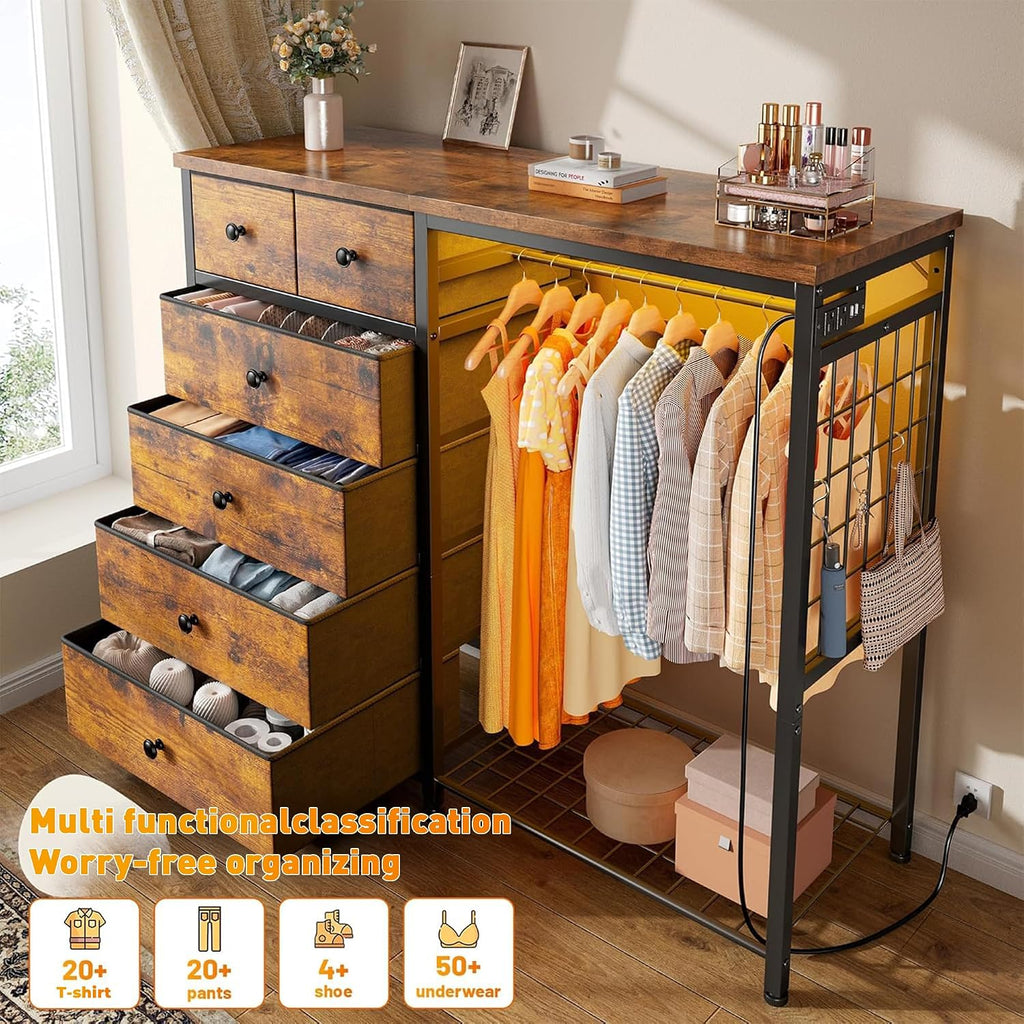 EnHomee 49.2' W Dresser with Hanging Rack & 6 Fabric Drawers – Wooden Top Organize Unit Featuring LED Lights, Charging Station & Grid Panel & Hooks for Bedroom, Rustic Brown