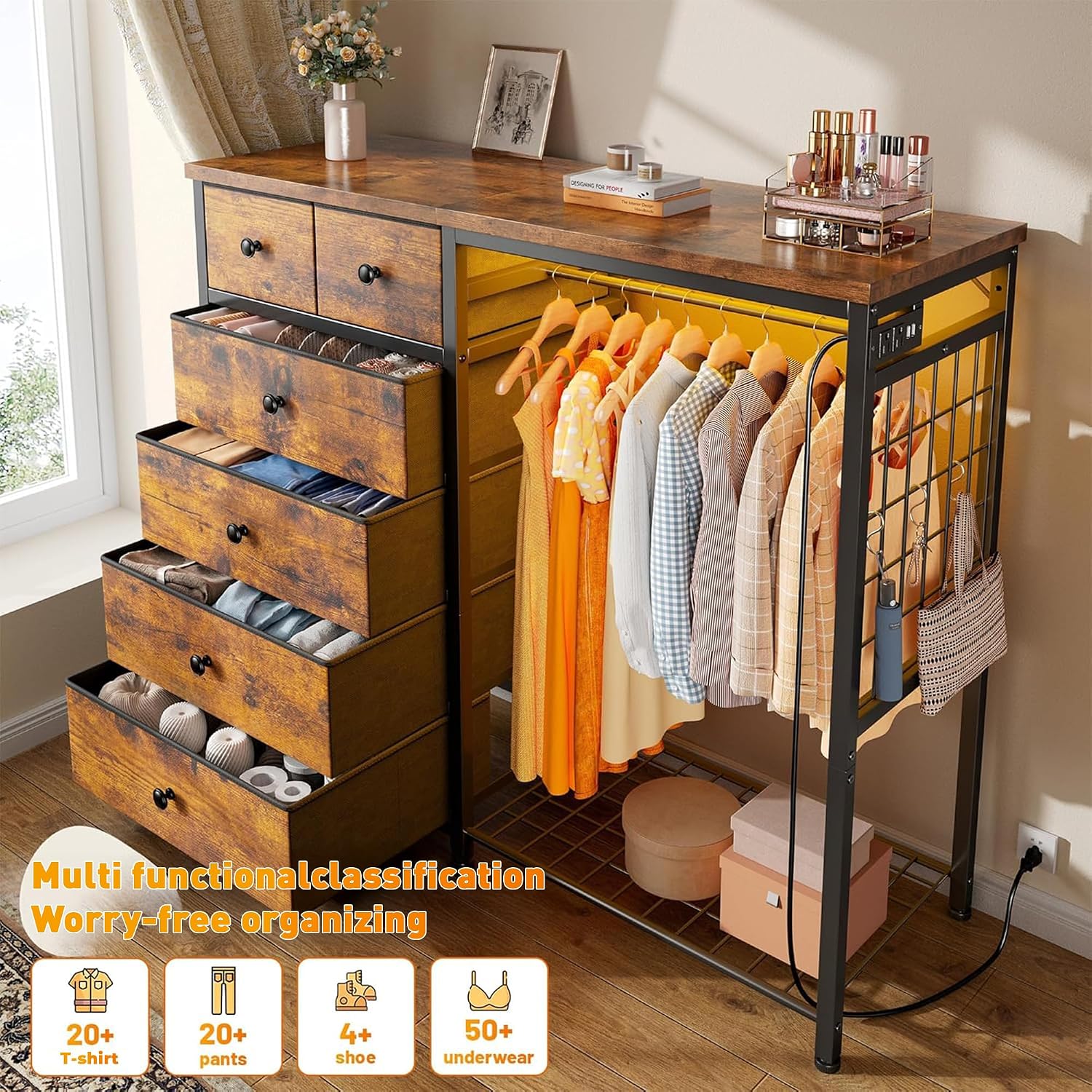 EnHomee 49.2' W Dresser with Hanging Rack & 6 Fabric Drawers – Wooden Top Organize Unit Featuring LED Lights, Charging Station & Grid Panel & Hooks for Bedroom, Rustic Brown