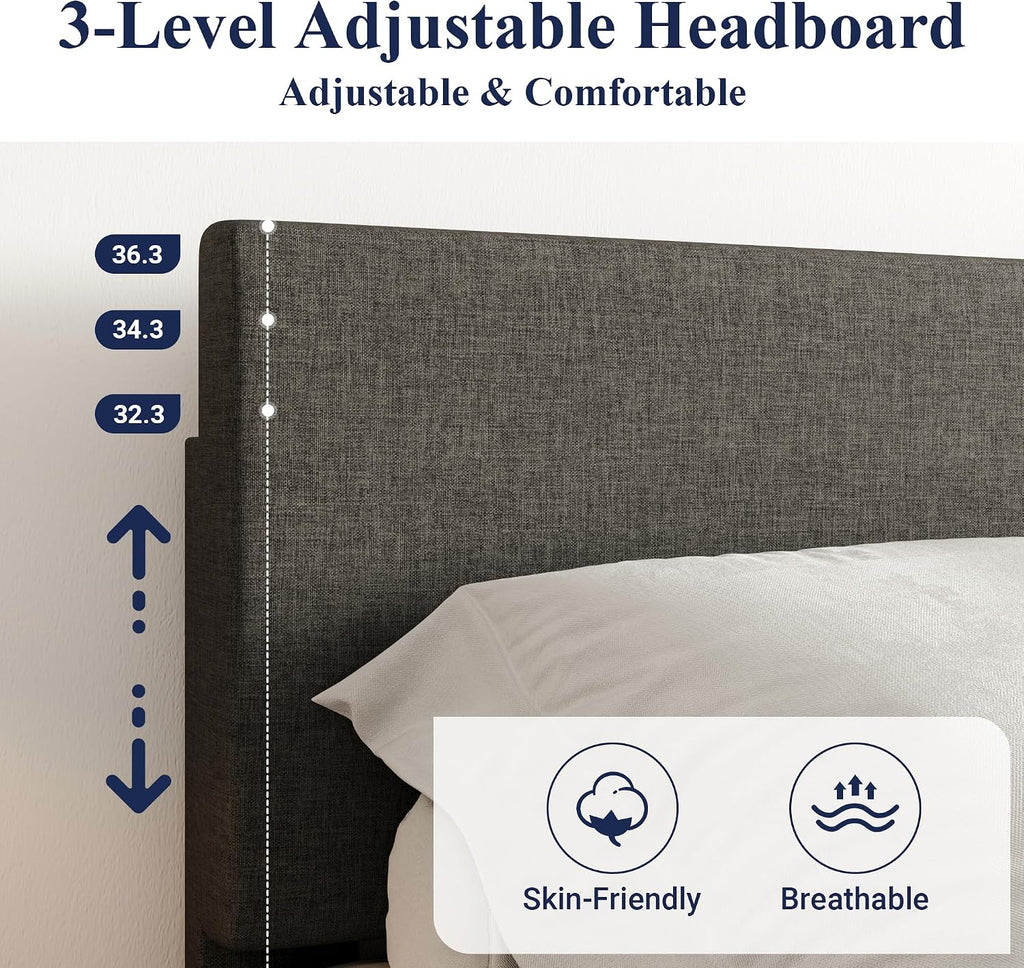 Allewie King Size Bed Frame with Adjustable Headboard, Upholstered Platform Bed with Wood Slats, Heavy Duty Mattress Foundation, No Box Spring Needed, Noise-Free, Easy Assembly, Dark Grey
