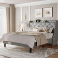 Feonase Full Size Bed Frame with Luxury Wingback and Fast Charging Station,Full Upholstered Button Tufted Storage Headboard Platform Bed,Sturdy Wooden Slats Support,Easy Assembly,Noise-Free,Light Gray