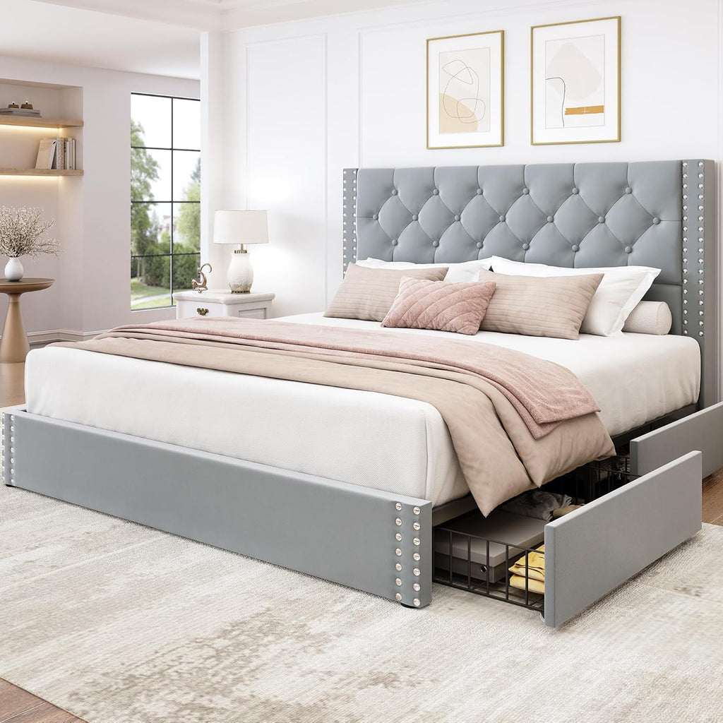 LARMACE Queen Size Bed Frame Upholstered Platform Bed with 4 Storage Drawers and Tufted Headboard Bed Frame with Heavy Duty Wood Slats, No Box Spring Needed, Easy Assembly, Bluish Grey