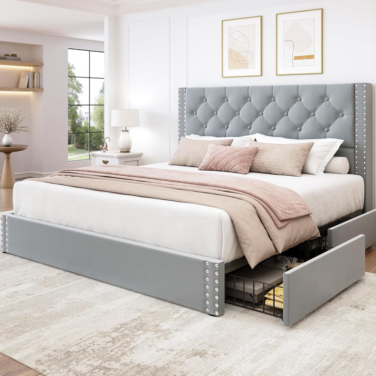 LARMACE Queen Size Bed Frame Upholstered Platform Bed with 4 Storage Drawers and Tufted Headboard Bed Frame with Heavy Duty Wood Slats, No Box Spring Needed, Easy Assembly, Bluish Grey