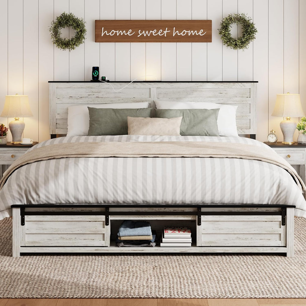 Wooden King Size Bed Frame with Headboard, Boho White Farmhouse Storage Bedframe with Sliding Barn Door Footboard and Charging Station, Wood Slats, No Box Spring Needed