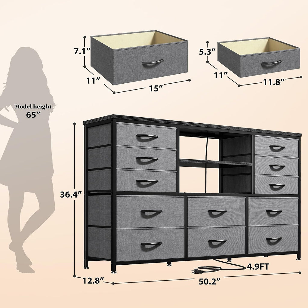EnHomee 12 Drawers Dresser for Bedroom with LED Lights & Charging Station, TV Stands for 55/60'' TV, Fabric Dressers & Chests of Drawers with 3 Wooden Shelves for Hallway,Sturdy,Grey