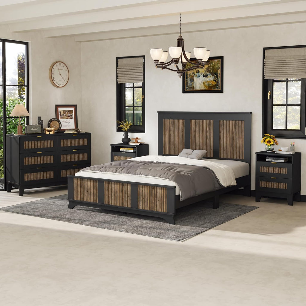 Harper & Bright Designs 4-Pieces Bedroom Sets, Queen Size Platform Bed with 2 Nightstands and A 6-Drawer Dresser, Queen Size Bedroom Set with Wooden Strip Decoration, Black
