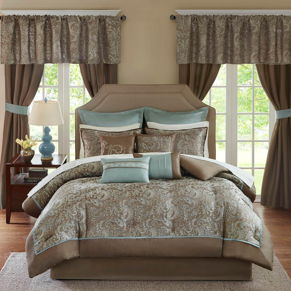 Madison Park Essentials Brystol 24 Piece Room in a Bag Faux Silk Comforter Jacquard Paisley Design Matching Curtains Down Alternative Hypoallergenic All Season Bedding-Set, Queen (90 in x 90 in), Blue