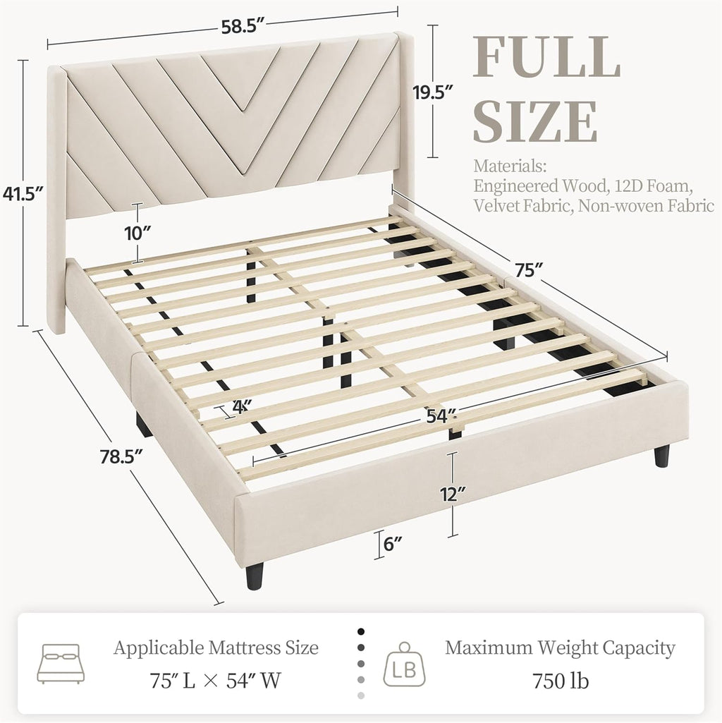 Yaheetech Full Bed Frame Upholstered Platform Bed with Wing Side Tufted Headboard/Sturdy Wooden Slat Support/No Box Spring Needed/Mattress Foundation,Beige Full Bed