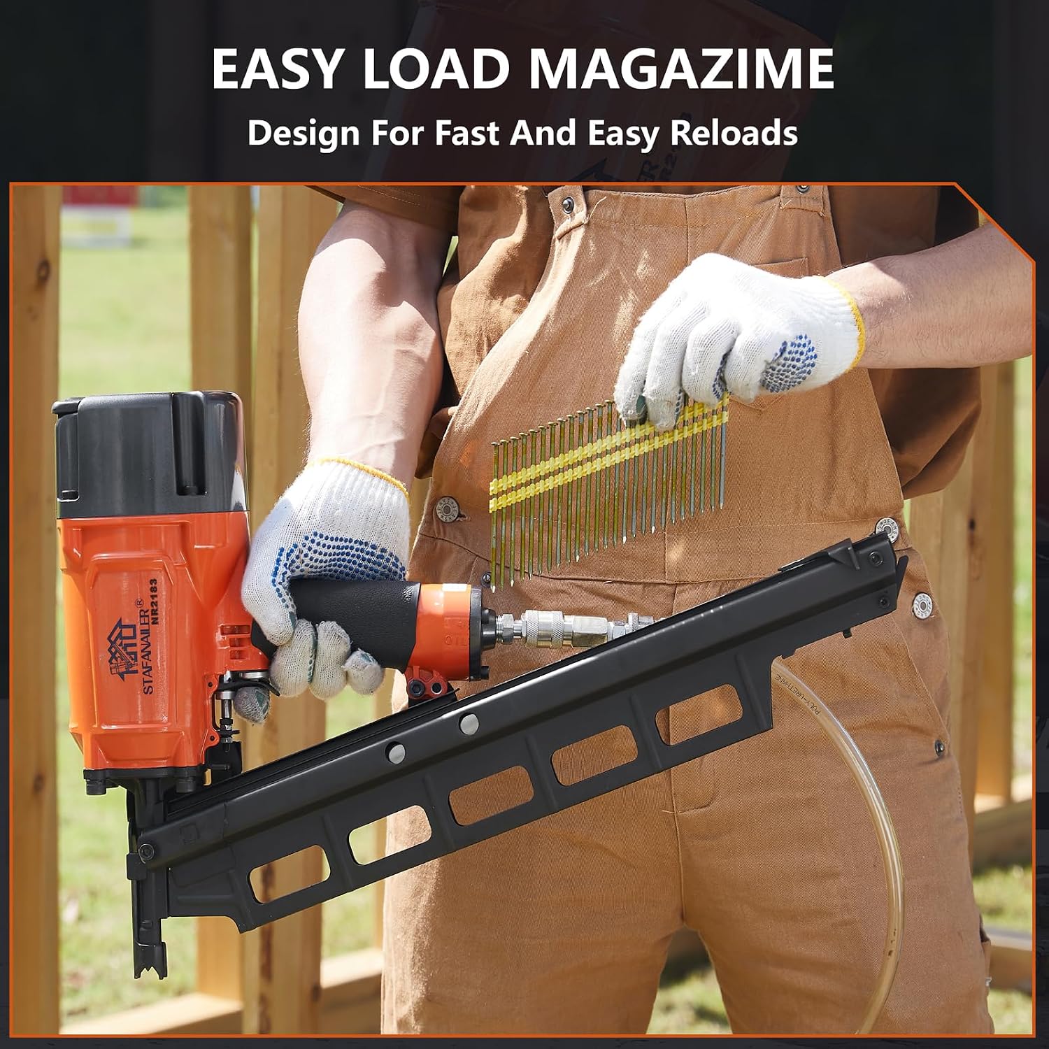 NR2183 High Speed Framing Nailer, 21 Degree Pneumatic Framing nail gun, 2-Inch up to 3-1/4-Inch Plastic Collated Full Head Framing Nails, Framing, Wooden House Building