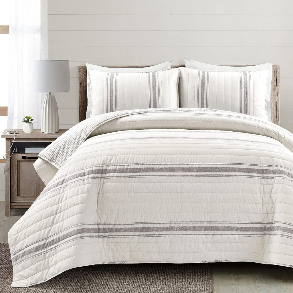 Lush Decor Farmhouse Stripe Reversible Cotton Quilt California King Size 3 Piece Set Gray - Farmhouse Bedding Set - Cal King Quilt - Striped Bedding