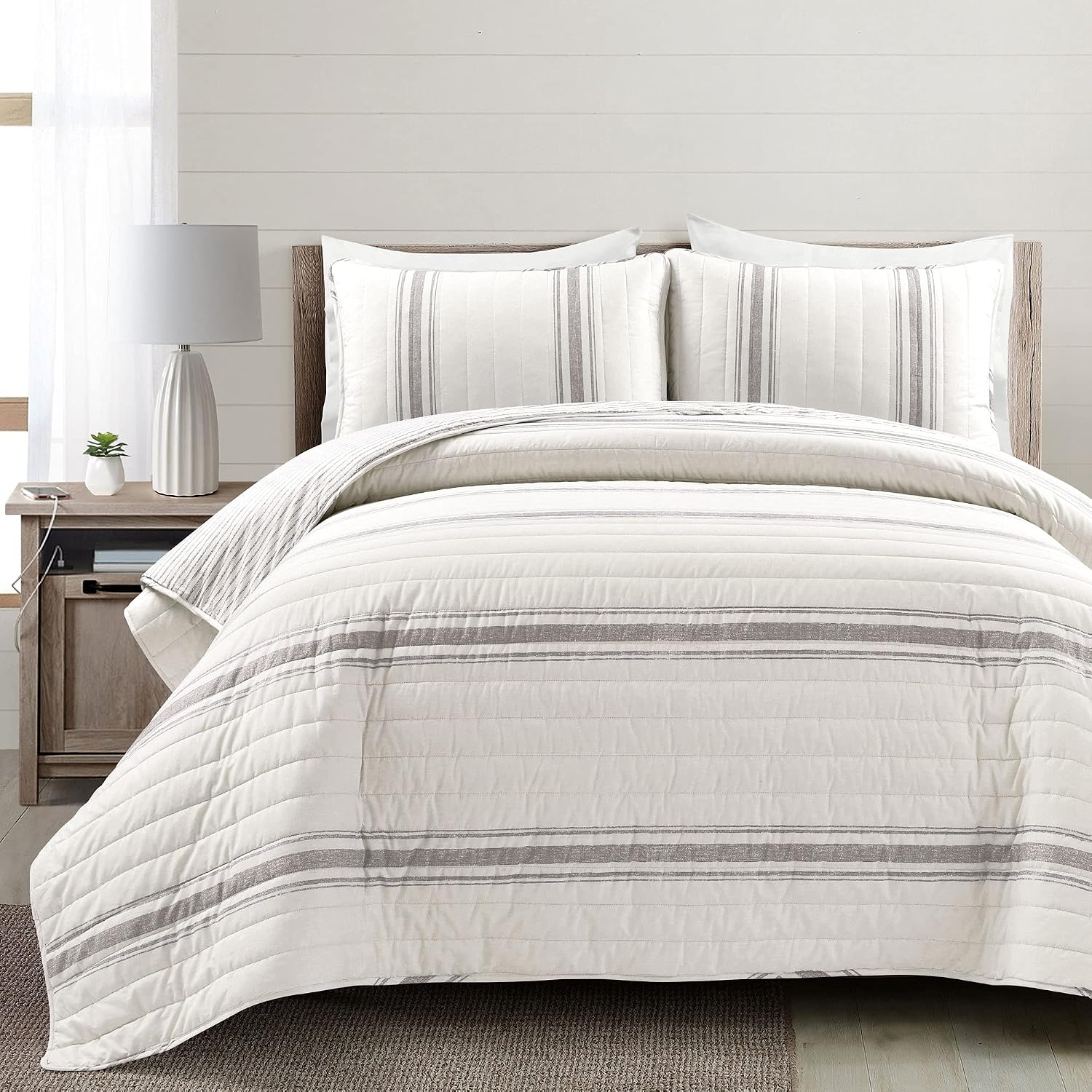 Lush Decor Farmhouse Stripe Reversible Cotton Quilt California King Size 3 Piece Set Gray - Farmhouse Bedding Set - Cal King Quilt - Striped Bedding