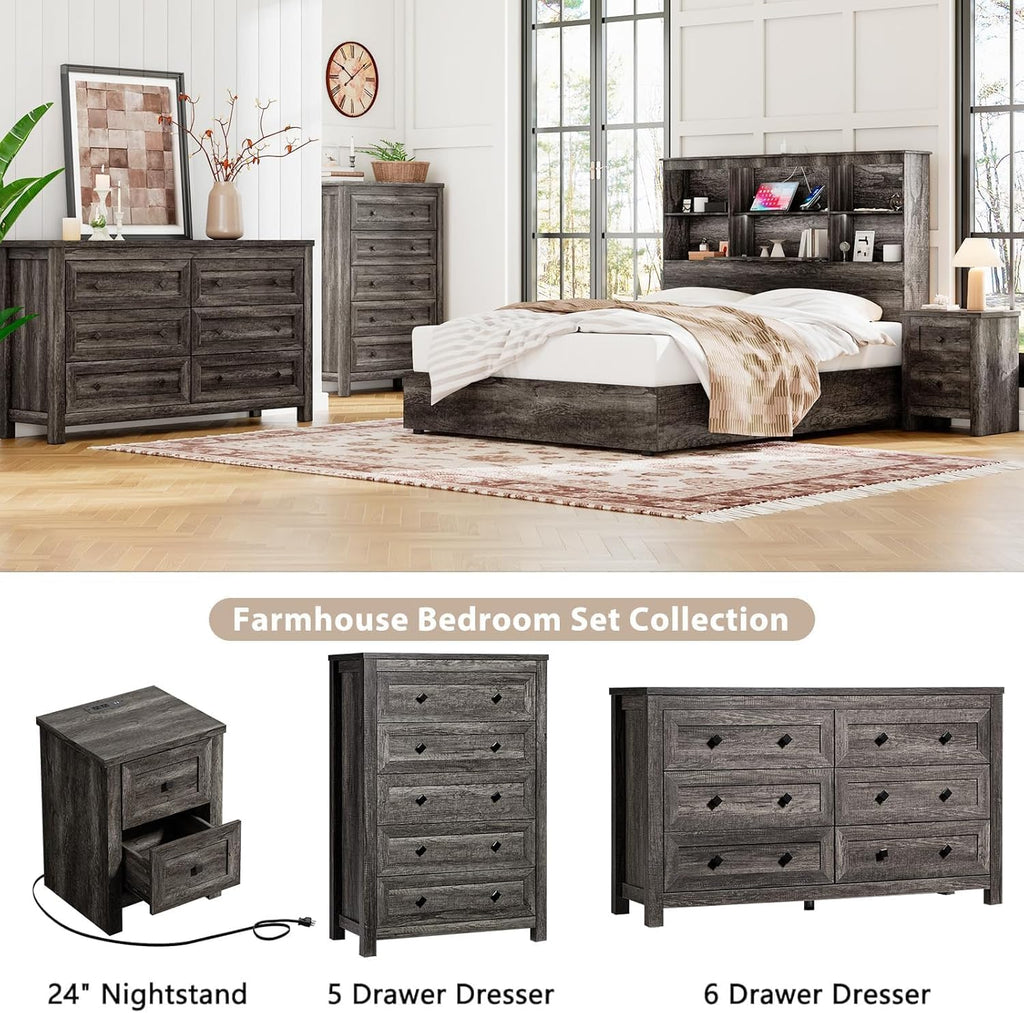 LUXOAK 4 Pieces Farmhouse Bedroom Furniture Set, 1 X 5 Drawer Dresser, 1 X Rustic 6 Drawer Storage Dresser, Nightstand Set of 2 with Charging Station, Farmhouse Bedroom Set, Grey