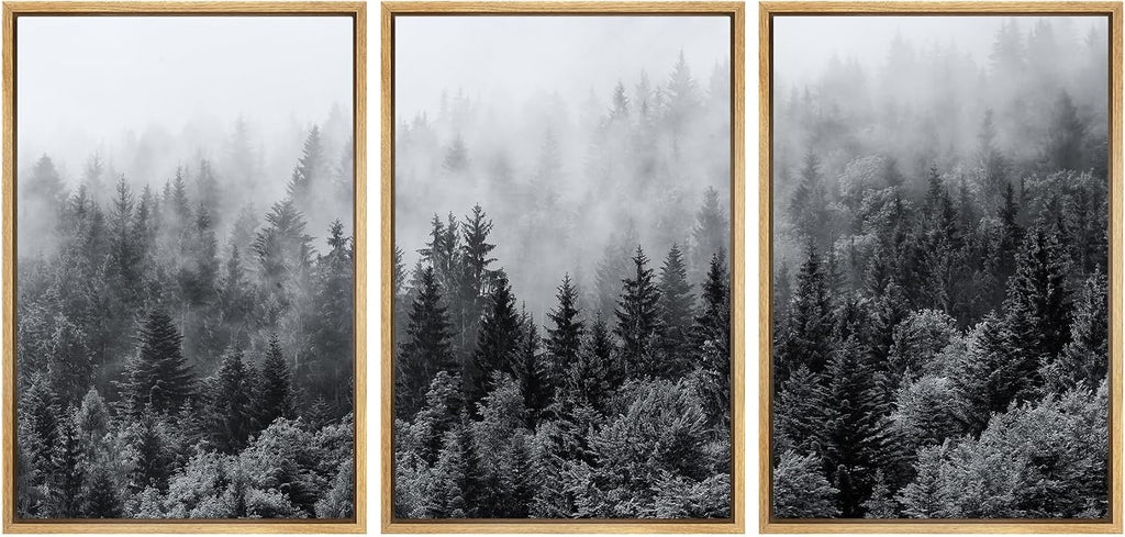 SIGNWIN Framed Canvas Print Wall Art Set Black & White Misty Mountain Forest Nature Wilderness Photography Modern Art Chic Landscape Relax/Calm for Living Room, Bedroom, Office - 24'x36'x3 Natural
