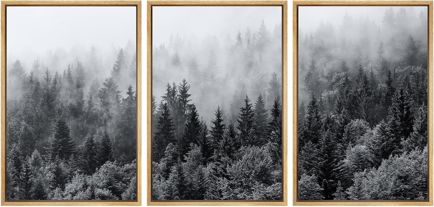SIGNWIN Framed Canvas Print Wall Art Set Black & White Misty Mountain Forest Nature Wilderness Photography Modern Art Chic Landscape Relax/Calm for Living Room, Bedroom, Office - 24'x36'x3 Natural