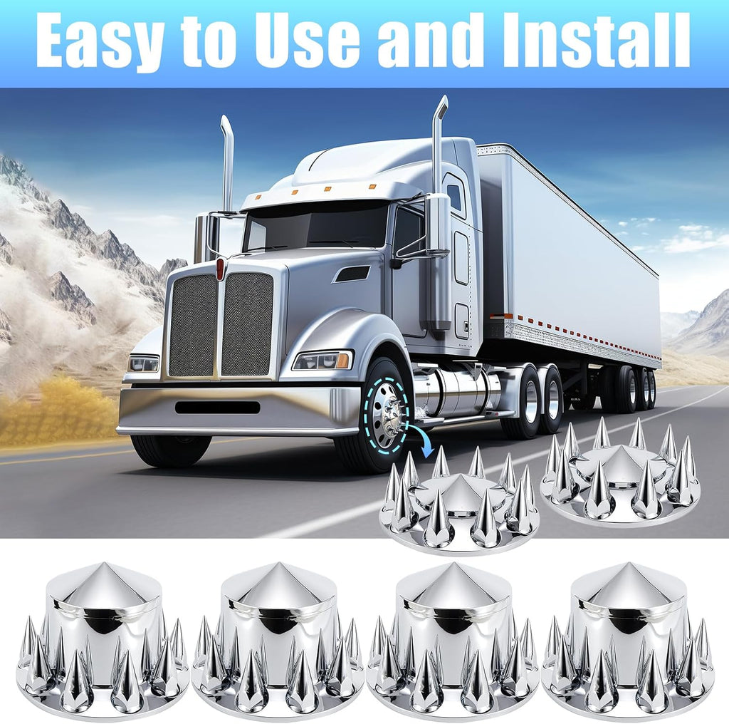 ABS Chrome Plastic Front Axle and Rear Cover Kits with 33mm Push-on Flange Nut Covers for Semi Trucks in Pairs, Spiked, 2+4 Set
