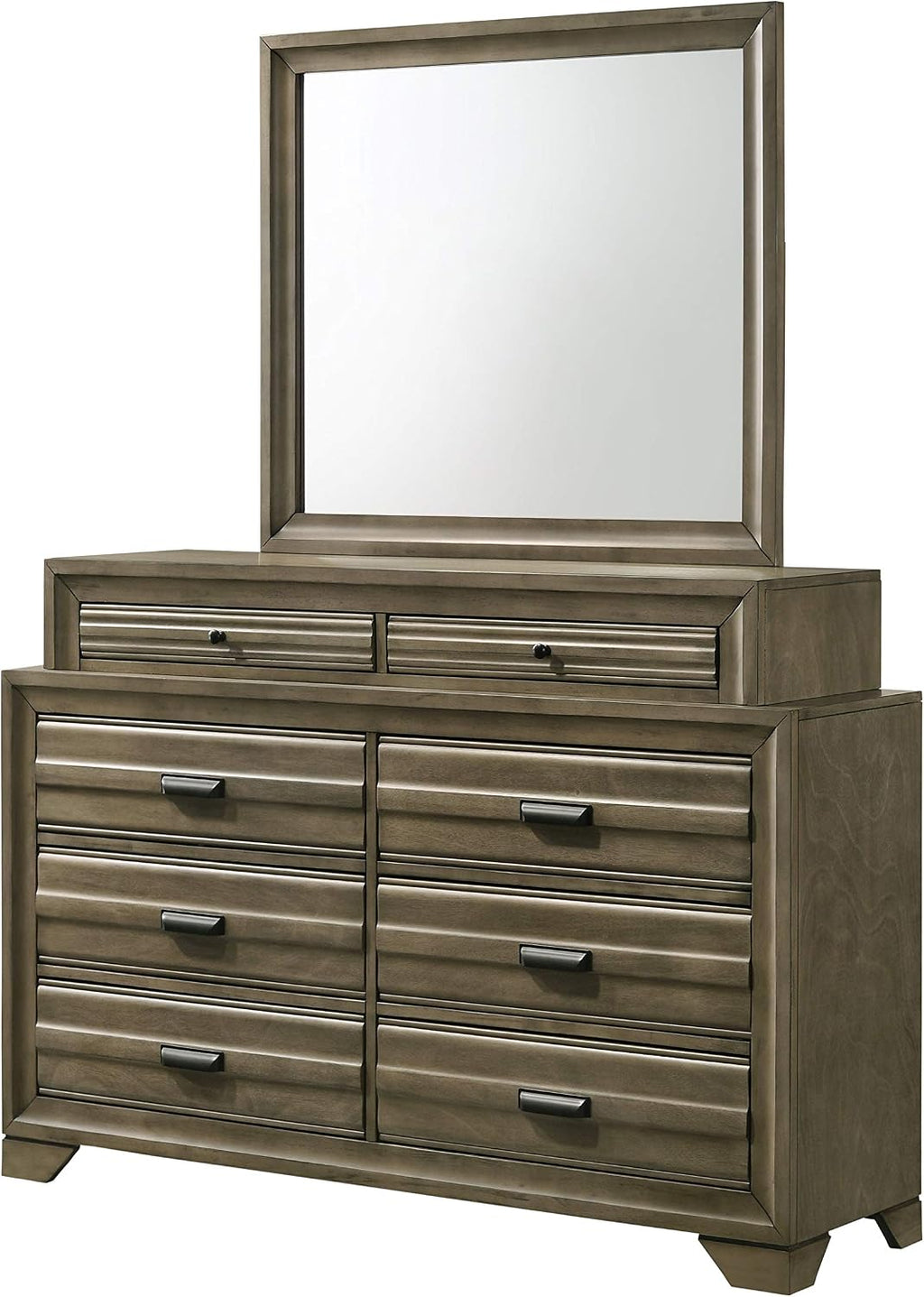 Roundhill Furniture Loiret Wood Storage Platform King Bedroom Set with Dresser, Mirror, Two Nightstands, Chest, Light Gray