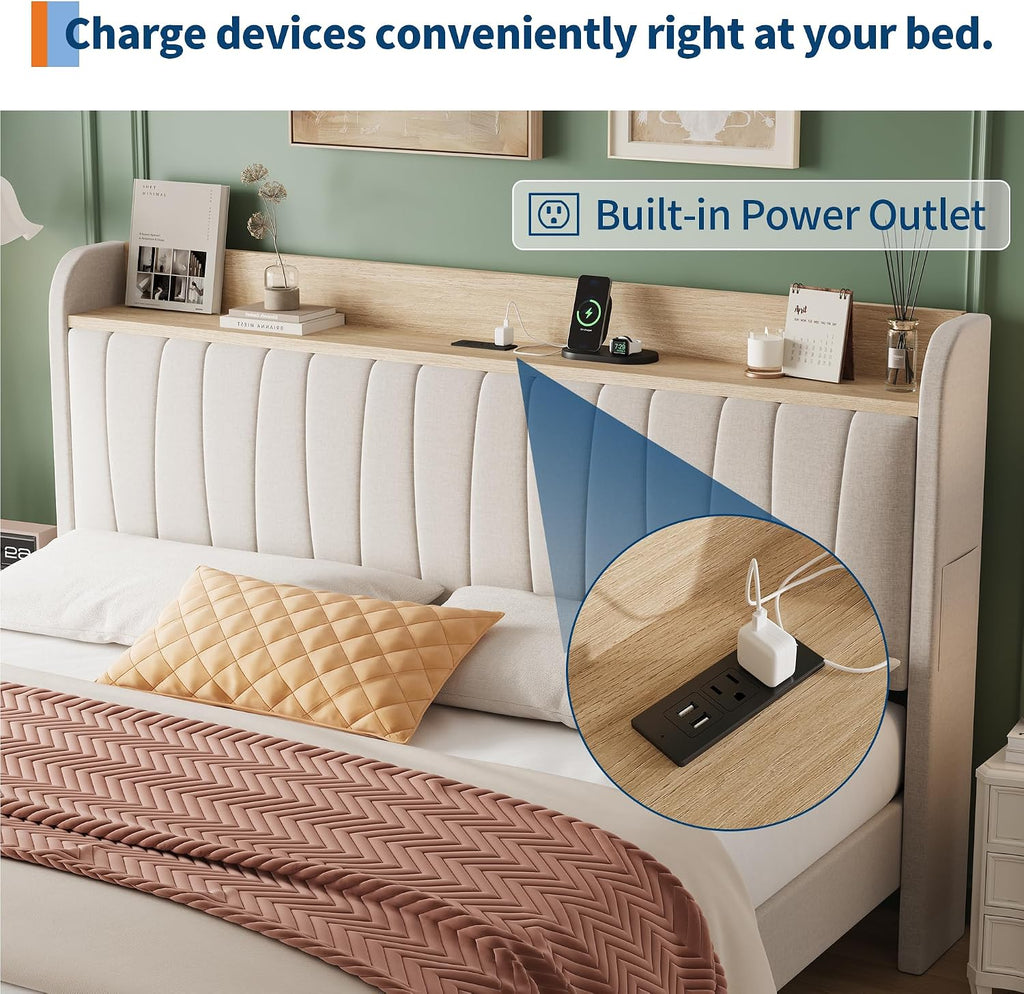 GarveeHome King Size Bed Frame with Storage Headboard, Upholstered Platform Beds with Drawers, Charging Station, Noise-Free, No Box Spring Needed, Easy Assembly, Beige