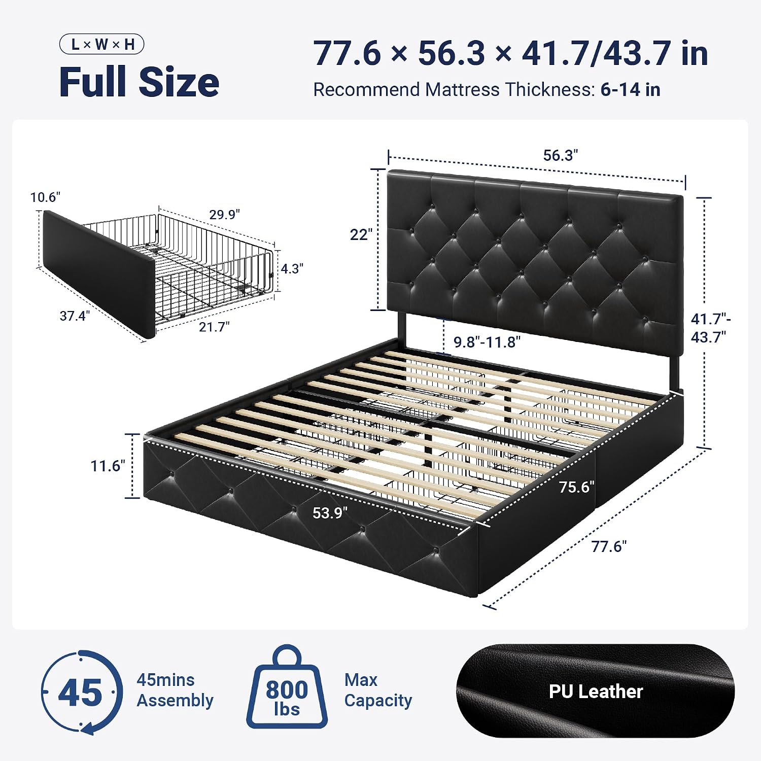 Allewie Upholstered Full Size Platform Bed Frame with 4 Storage Drawers and Headboard, Diamond Stitched Button Tufted, Mattress Foundation with Wooden Slats Support, No Box Spring Needed, Black