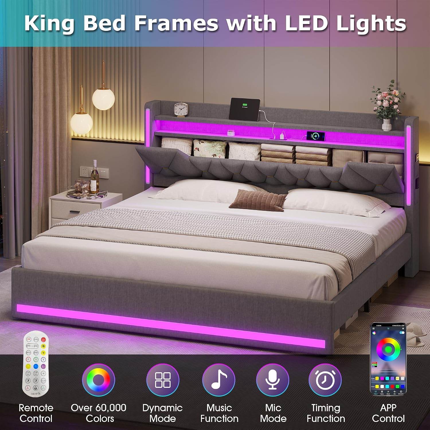 busyaeh King Size Bed Frame with Marshmallow Headboard and Storage, King Bed Frame with LED Lights & Charging Station, Upholstered Platform Bed with Metal Support, No Noise, No Box Spring Needed,Gray