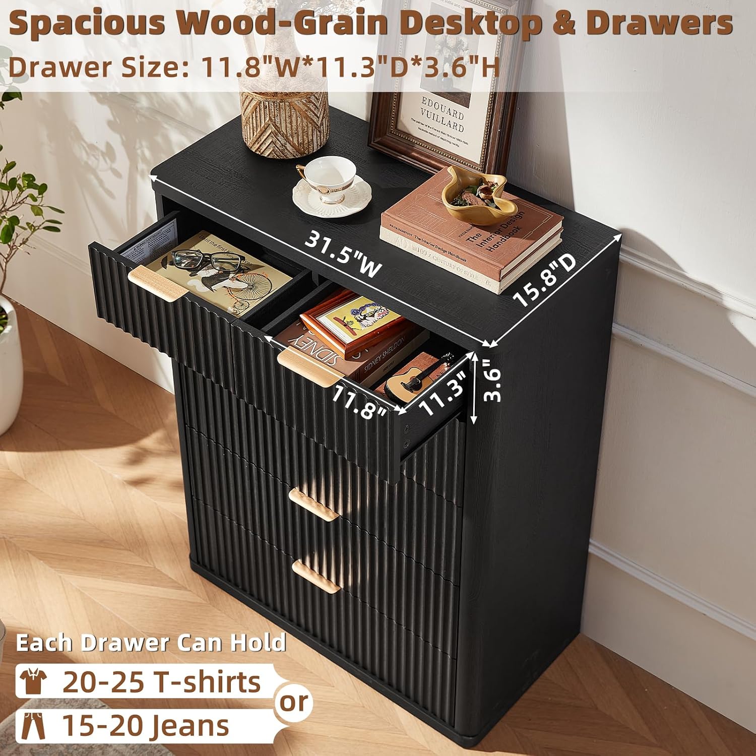 LEYAOYAO Fluted Dressers & Nightstand Set of 4, Wood 48' Wide Dresser & 42' Tall Chest of Drawers,Modern Bedroom Furniture Sets, Black Wooden Nightstand Set of 2 with 3 Drawers & Charging Station