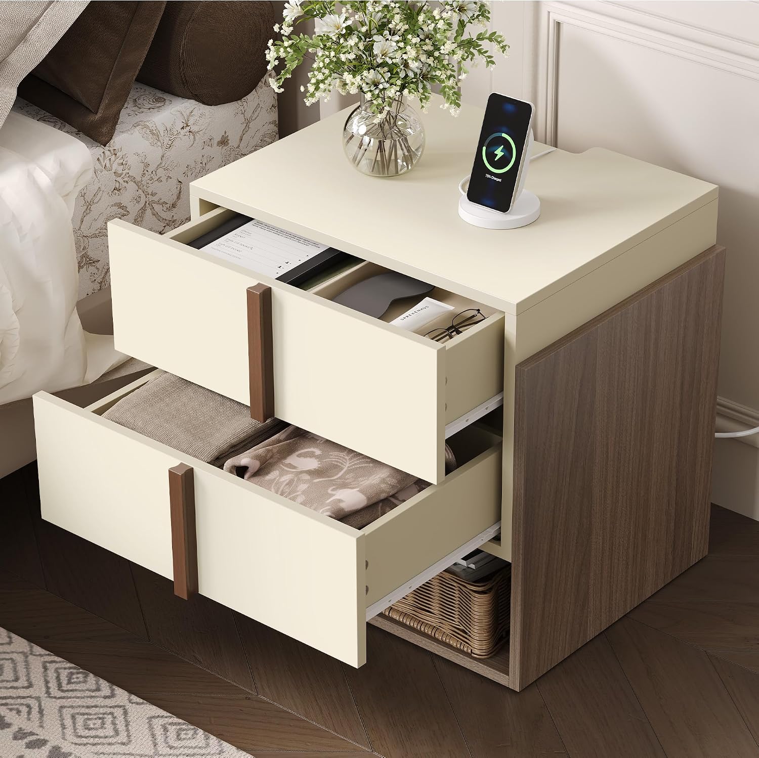 3-Piece Bedroom Furniture Set, 6-Drawer Dresser with 2 Charging Nightstands, Modern Storage Chest & Bedside Tables with Outlets/USB Ports, Cream & Walnut