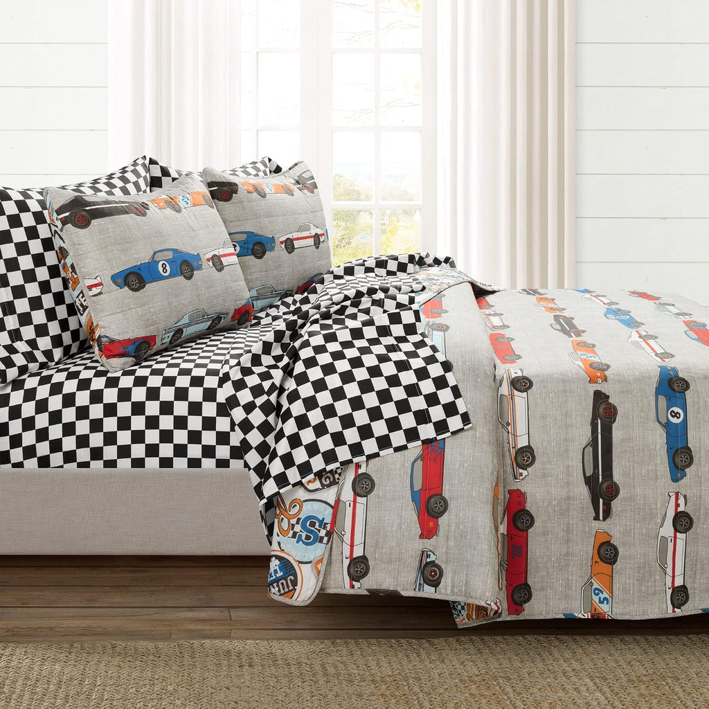 Lush Decor Race Car Kids' 7-Piece Oversized Quilt Bed Set, Reversible Bedding Set for Boys, Blue & Orange, Full/Queen