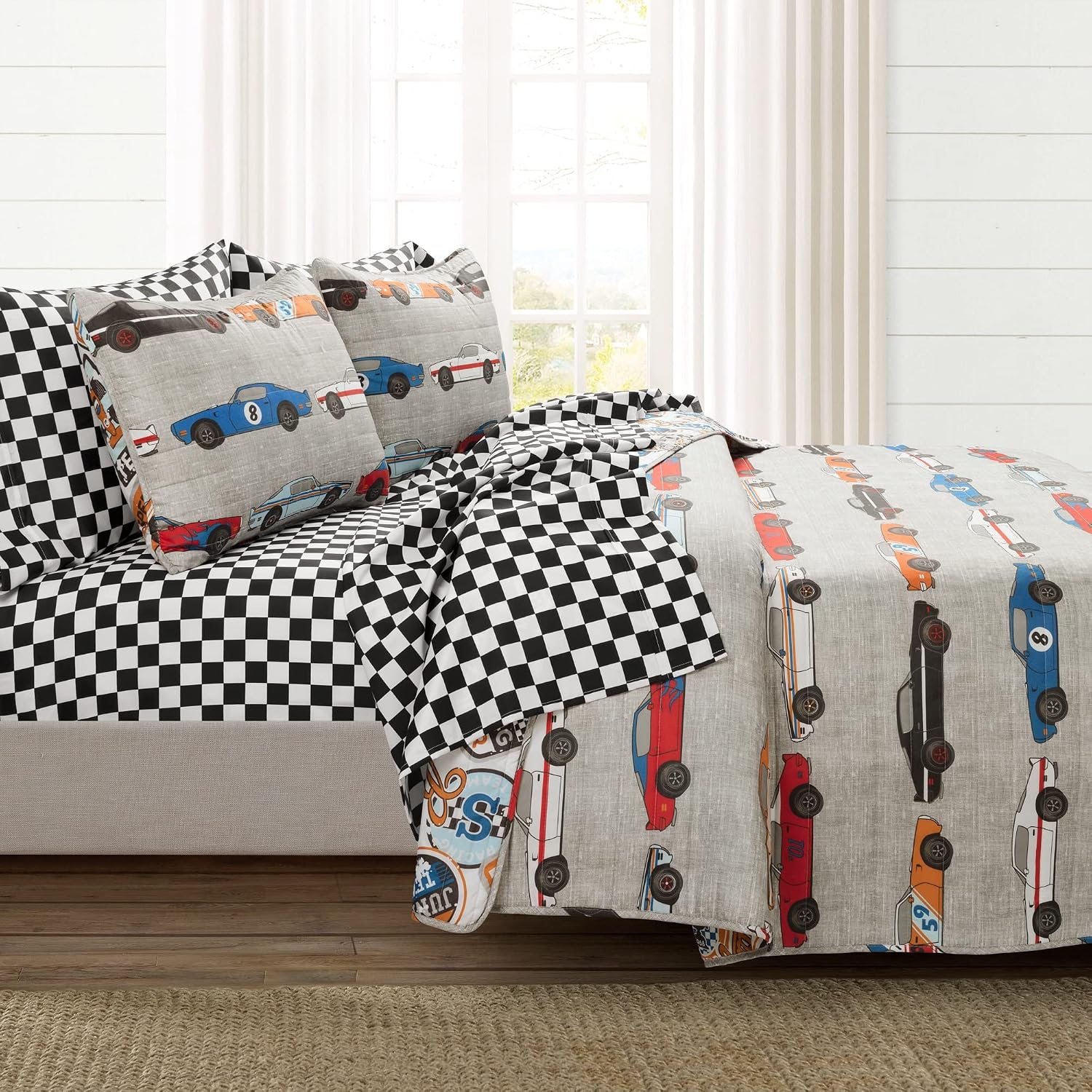 Lush Decor Race Car Kids' 7-Piece Oversized Quilt Bed Set, Reversible Bedding Set for Boys, Blue & Orange, Full/Queen