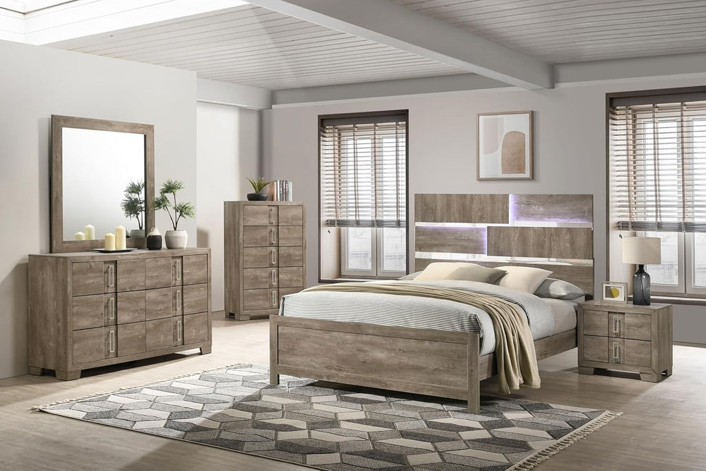 Kings Brand Furniture Dawson Modern 5-Piece Farmhouse Style Bedroom Set in Light Brown Finish - Bed Frame with LED Headboard, Dresser, Mirror, Chest and Nightstand (King Size)