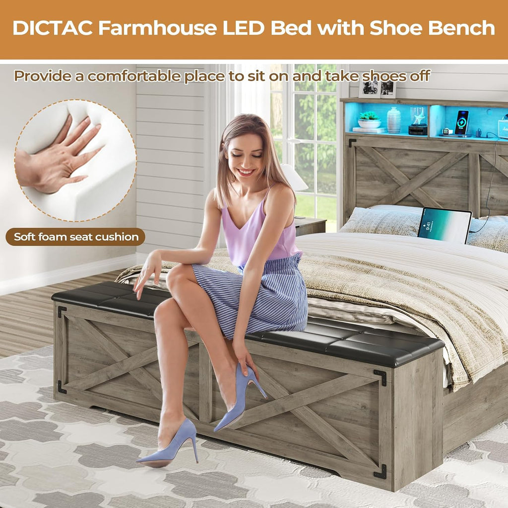 DICTAC Farmhouse Queen Bed Frame with Storage Headboard and Charging Station Wood Platform Bed Frame Queen Size with Storage Ottoman and Led Lights,Metal Slats Support,No Box Spring Required,Oak Gray