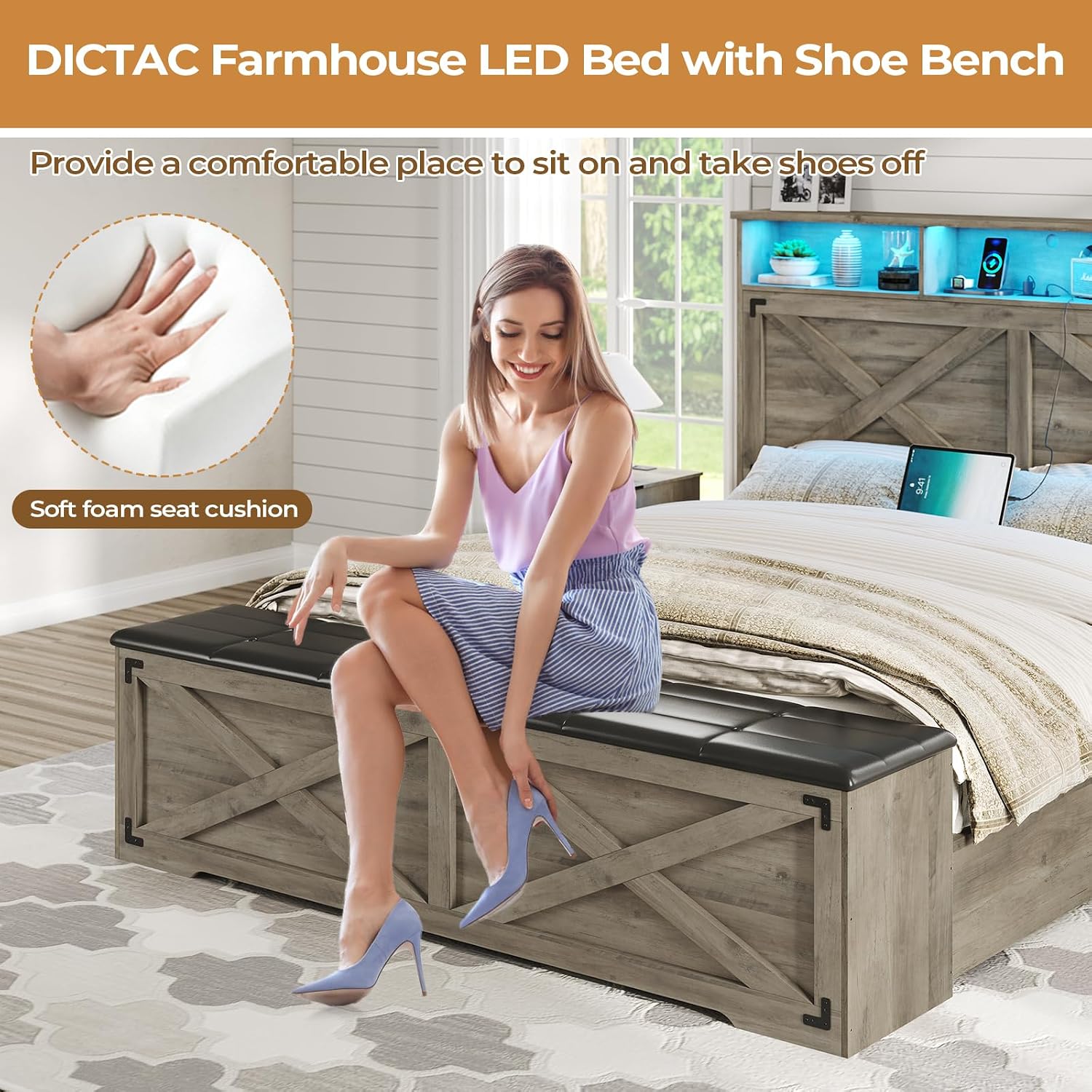 DICTAC Farmhouse Queen Bed Frame with Storage Headboard and Charging Station Wood Platform Bed Frame Queen Size with Storage Ottoman and Led Lights,Metal Slats Support,No Box Spring Required,Oak Gray