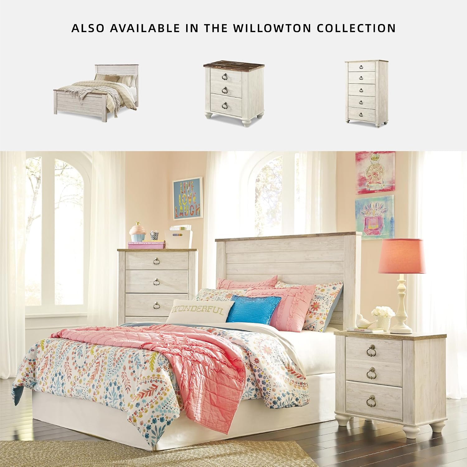 Signature Design by Ashley Willowton Shabby Chic Queen Panel Bed with Metal Slats, Foundation or Box Spring Needed, Whitewash