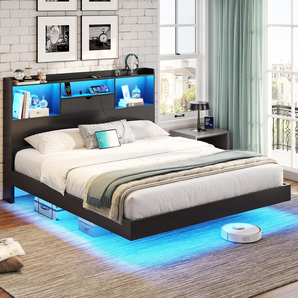 DICTAC Full Floating Bed Frame with LED Lights and Storage Headboard, Visual Floating Bed with Charing Station, Full Size Metal Platform Bed with Stable Structure, No Box Spring Need, Easy Assembly
