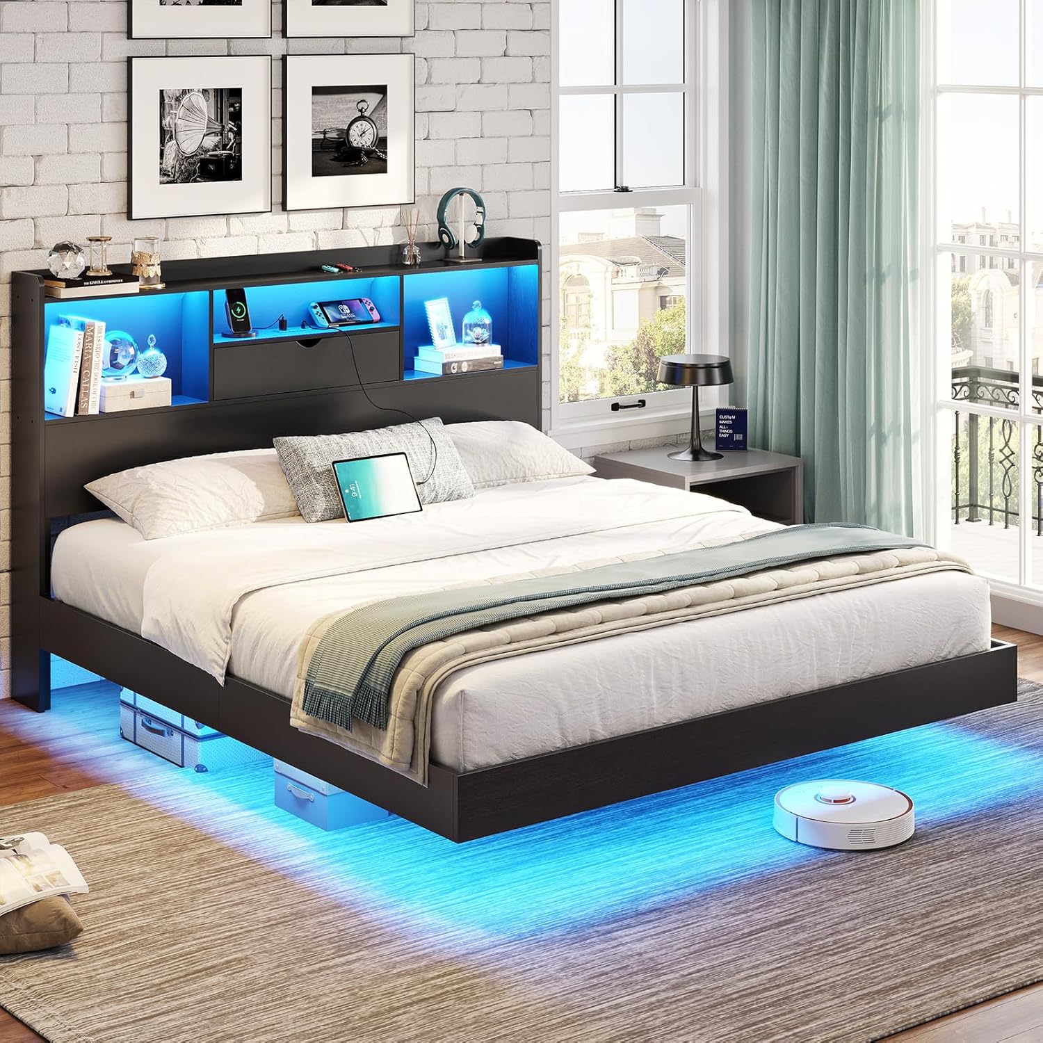 DICTAC Full Floating Bed Frame with LED Lights and Storage Headboard, Visual Floating Bed with Charing Station, Full Size Metal Platform Bed with Stable Structure, No Box Spring Need, Easy Assembly