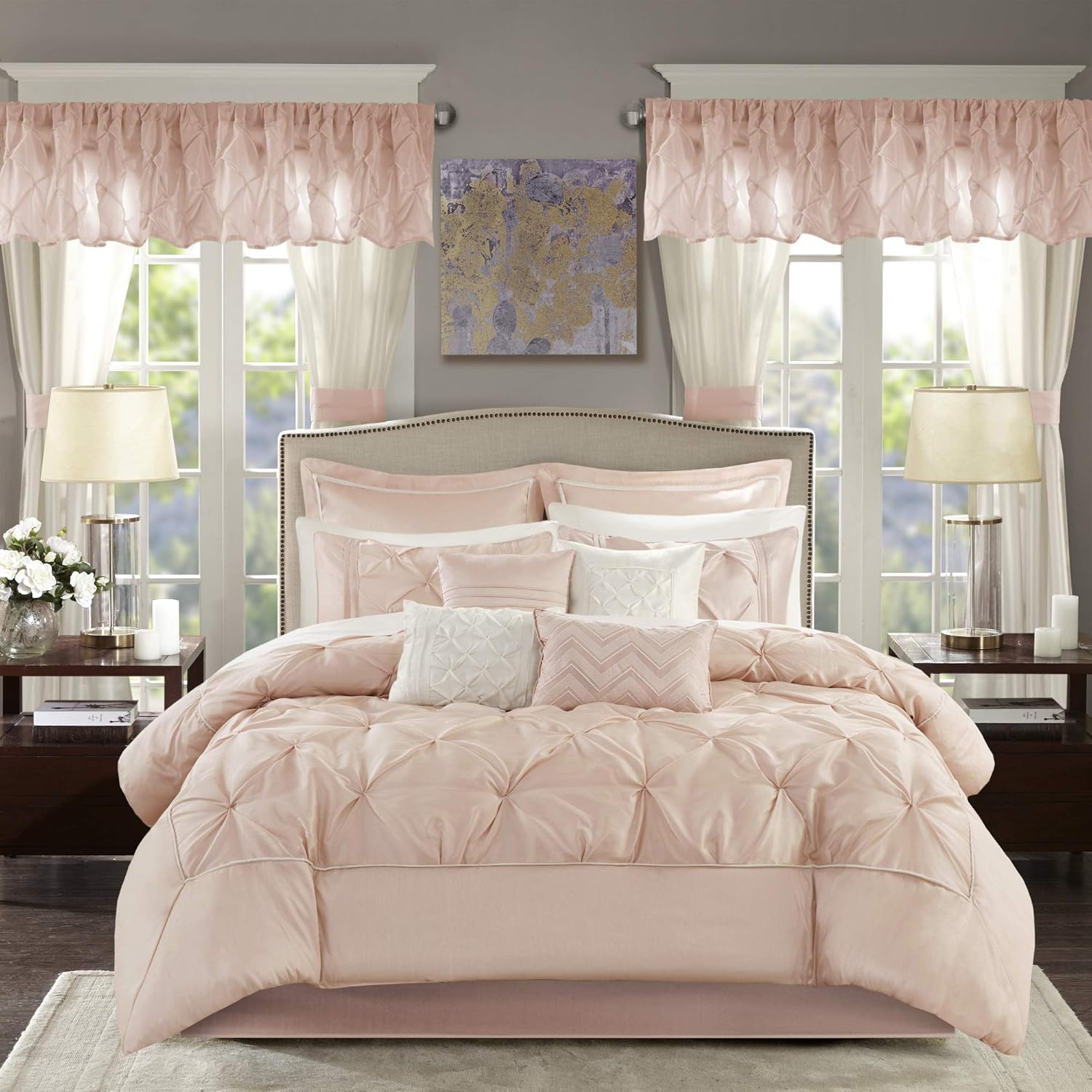 Madison Park Essentials Room in a Bag Faux Silk Comforter Set - Luxe Diamond Tufting All Season Bedding, Matching Curtains, Decorative Pillows, Blush King(104'x92') 24 Piece