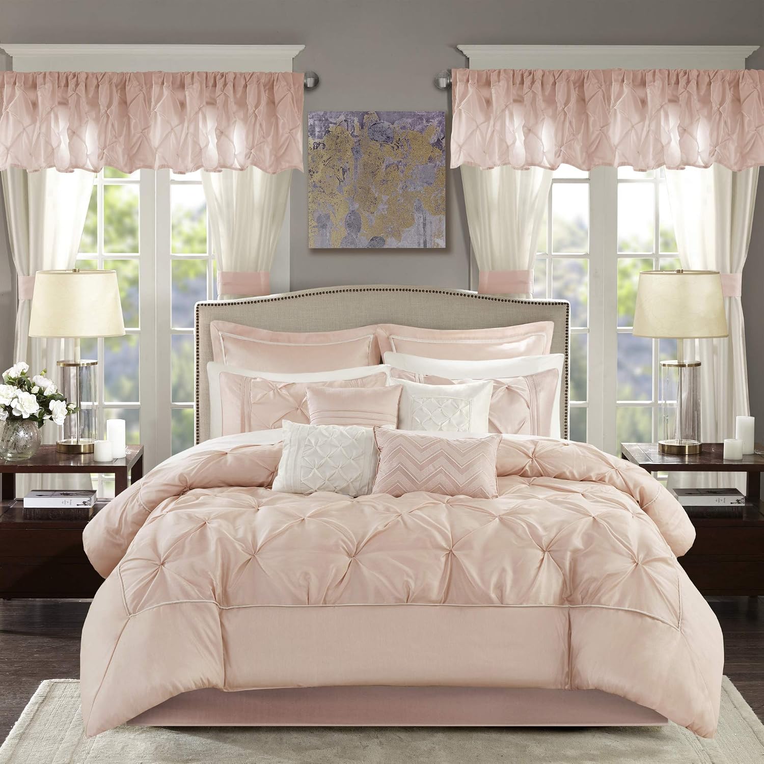 Madison Park Essentials Room in a Bag Faux Silk Comforter Set-Luxe Diamond Tufting All Season Bedding, Matching Curtains, Decorative Pillows, Queen(90'x90'), Blush 24 Piece (MPE10-809)