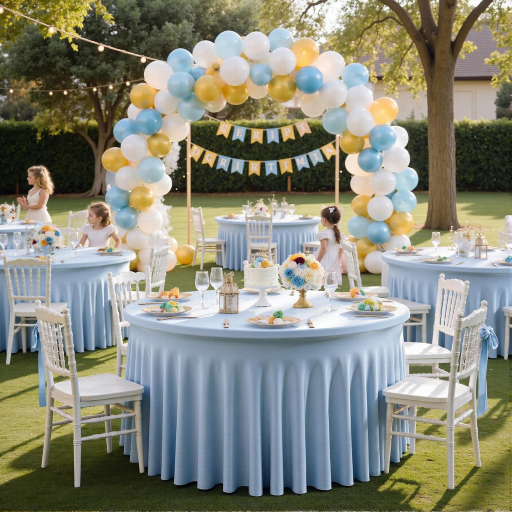 6 pk Blue Round Spandex Tablecloths 60 in with Ruffled Skirt,Wrinkle Free High-Stretch 120 inch Table Cloth Round Fitted 5ft Tables Baby Blue Spandex Table Covers 5ft for Party Wedding Banquet