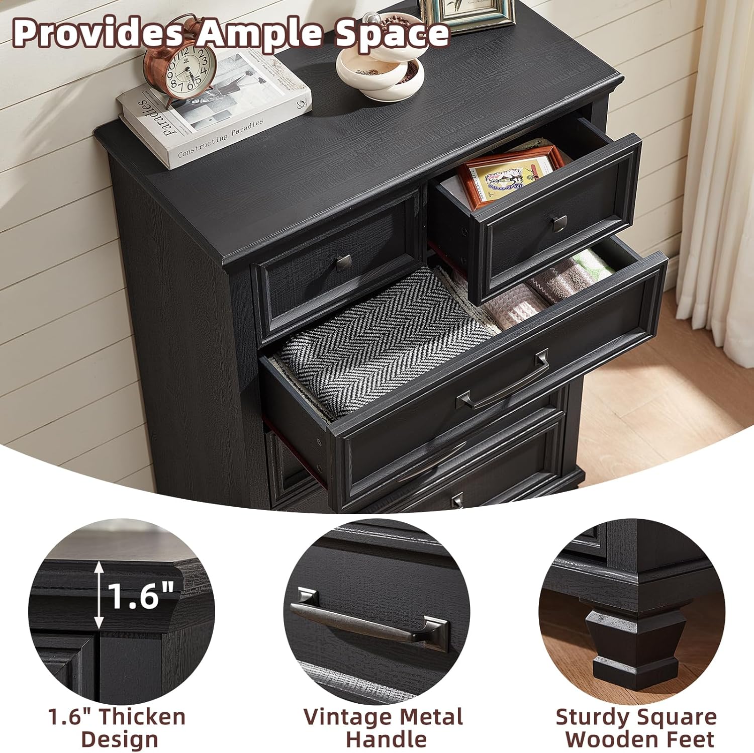 SAVOR LIFE Farmhouse Bedroom Dresser and Nightstand Set of 4, 6 Drawer Tall & 5 Drawers Dresser & 2 Drawer Nightstand Set, Rustic Wood Furniture Set for Bedroom, Hallway, Black