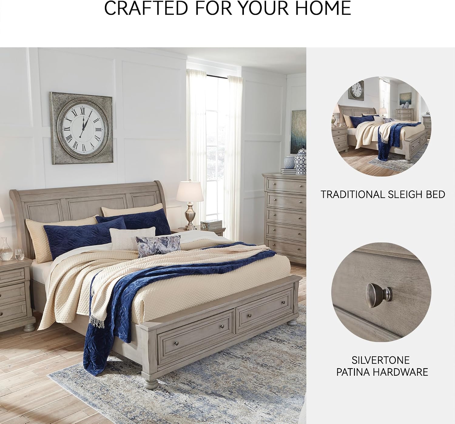 Signature Design by Ashley Lettner Traditional King Sleigh Platform Bed with 2 Drawers, Foundation or Box Spring Not Needed, Light Gray
