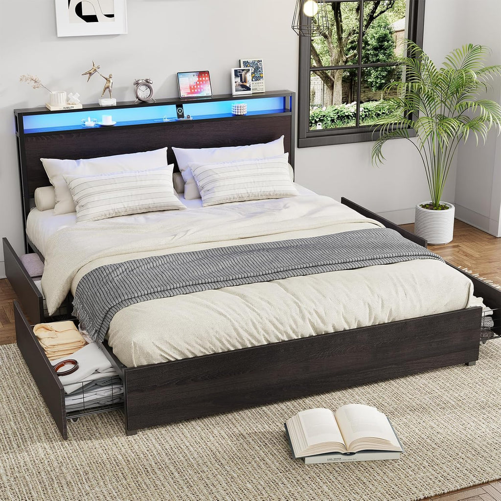 Kiivakii King Size Bed Frame with 4 Storage Drawers, LED Platform Bed with Headboard, Built in Charging Station, Noise Free, Metal Support Base, No Box Spring Needed, Black