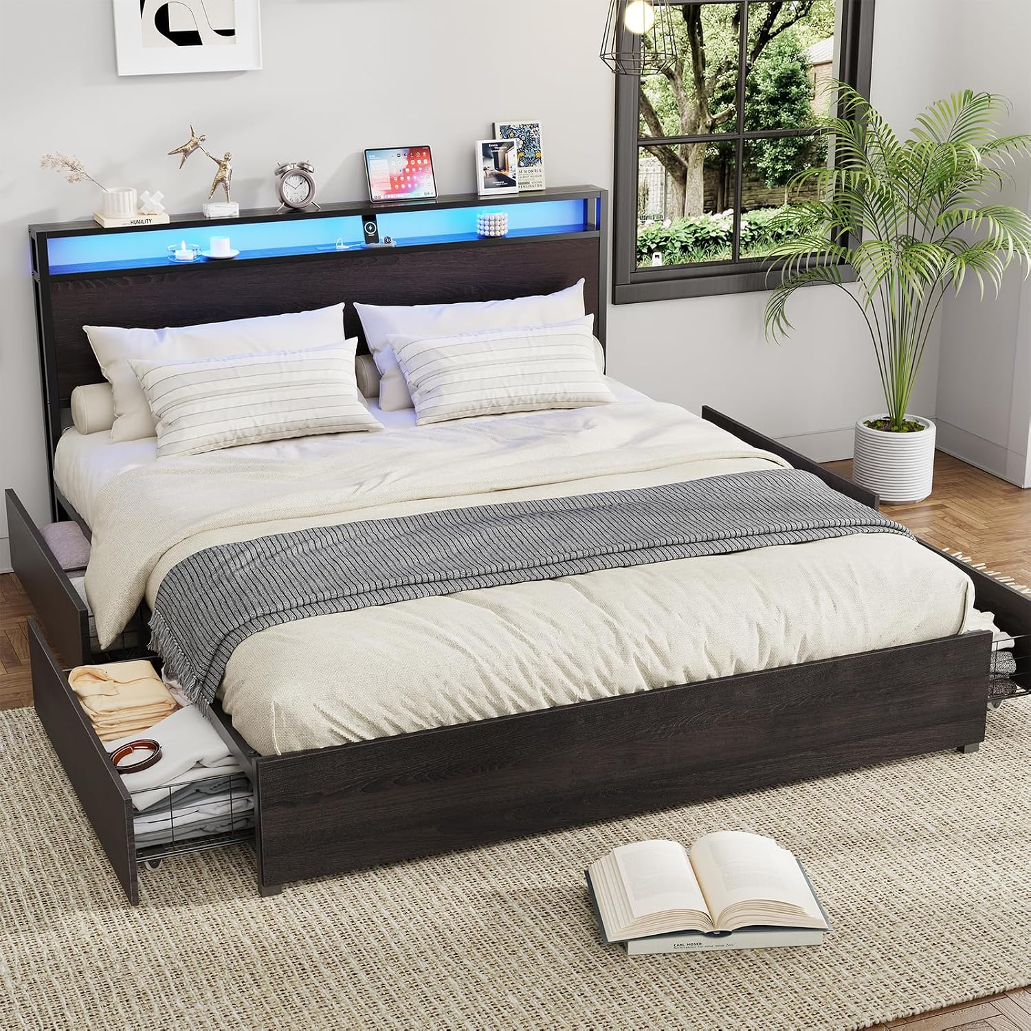 Kiivakii King Size Bed Frame with 4 Storage Drawers, LED Platform Bed with Headboard, Built in Charging Station, Noise Free, Metal Support Base, No Box Spring Needed, Black