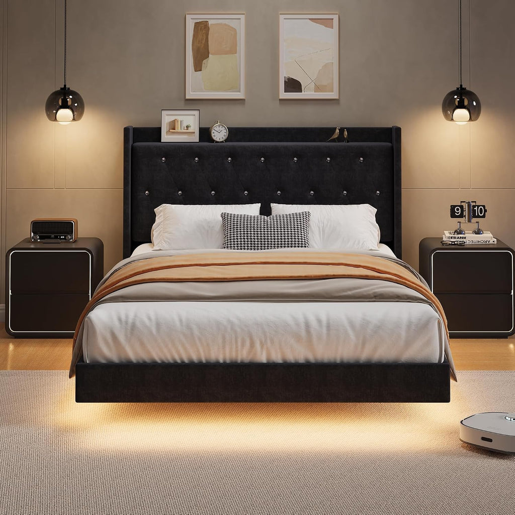 IDEALHOUSE Full Size Bed Frame with LED Lights, Floating Platform Bed with Velvet Upholstered Storage Headboard, No Box Spring Needed, Noise Free, Easy Assembly