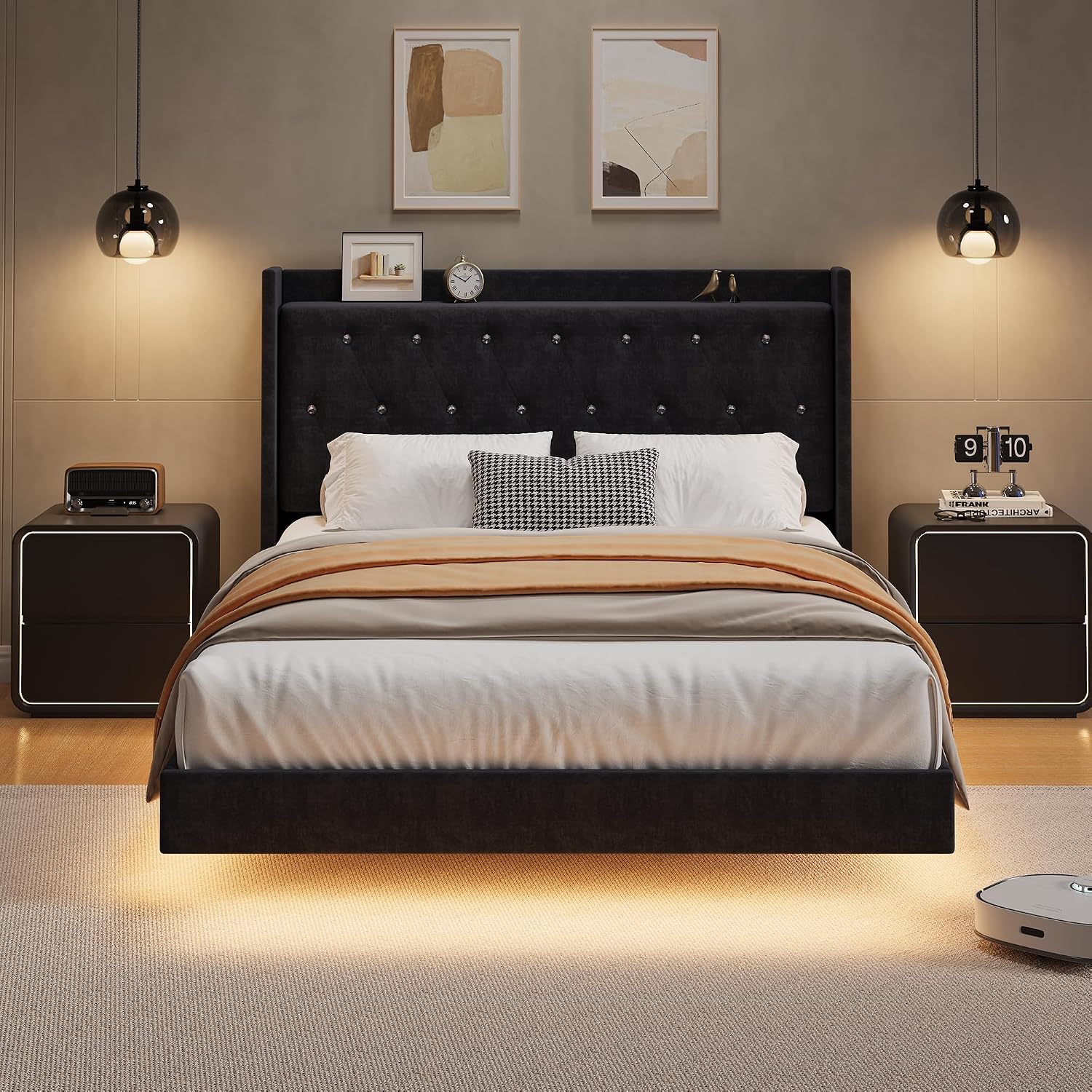 IDEALHOUSE Full Size Bed Frame with LED Lights, Floating Platform Bed with Velvet Upholstered Storage Headboard, No Box Spring Needed, Noise Free, Easy Assembly