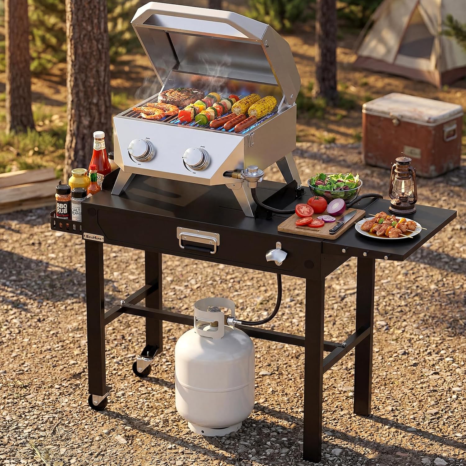 BESTFIRE 2-Burner Tabletop Propane Grill with Foldable Grill Cart, Portable Gas BBQ Station with Wheels & Prep Table, Dual-Fuel Setup for 1lb & 20lb Tanks, Stainless Steel Outdoor Kitchen for Camping