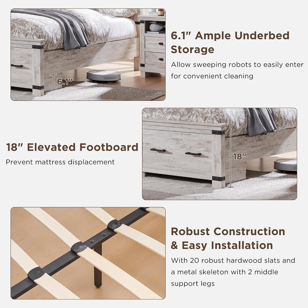 RedLemon Farmhouse Queen Size Wood Bed Frame with 54' Tall Geometric Headboard, 2 Large Storage Drawers, Solid Wood Slats Support, Noise Free, No Box Spring Needed, Antique Brush White