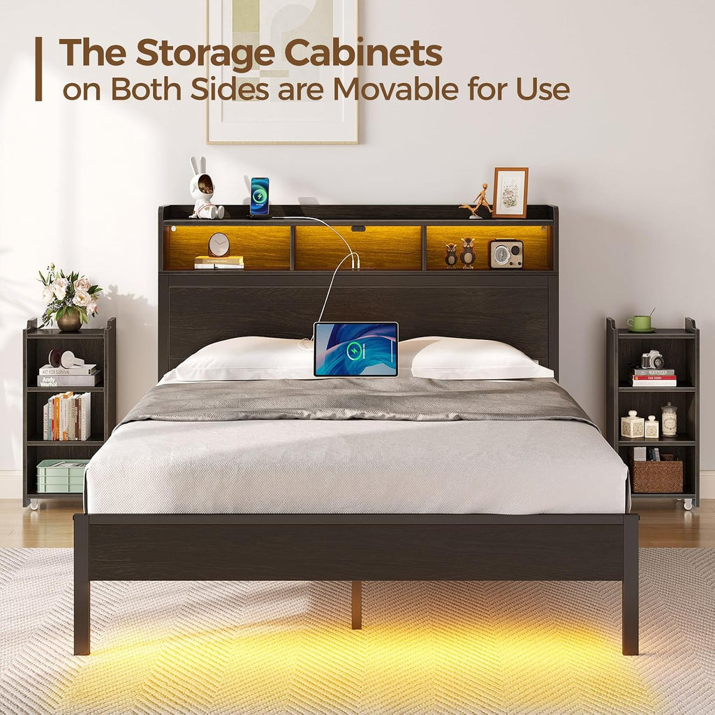 Rolanstar Full Size Bed Frame with Bookcase Storage Headboard, Slide Out Bedside Storage, Bed with Charging Station & LED Lights, Heavy Duty Metal Slats, No Box Spring Needed, Noise Free, Black