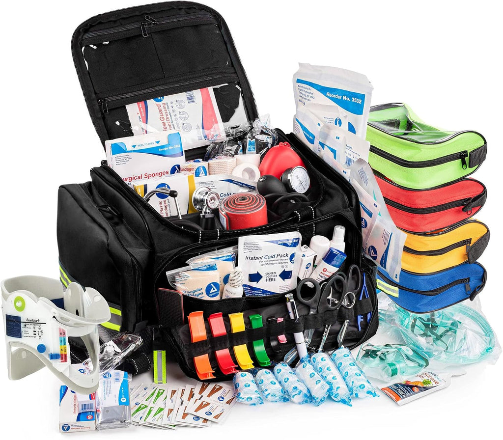 Scherber Fully-Stocked First Responder Professional Advanced EMT/EMS Trauma Kit | HSA/FSA Approved | Reflective Bag w/10+ Compartments, Zippered Pockets & 250+ First Aid Supplies (Black)